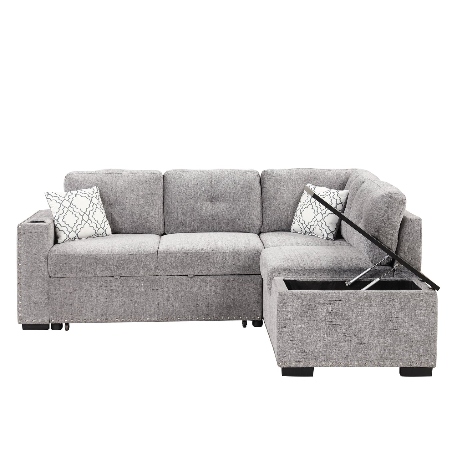 Churanty Pull Out Sofa Bed with Storage Chaise,Reversible Sectional Sofa,L-Shaped Corner Sofa with USB Ports,Power Sockets and Cup Holder,Light Gray