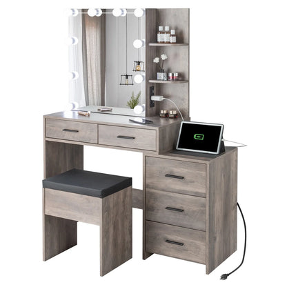 Ktaxon 3 Color Lighted Vanity Set & Charging Station,Makeup Dressing Table with Sliding Lighted Mirror, Dresser Desk and Cushioned Stool Set (Retro Gray)
