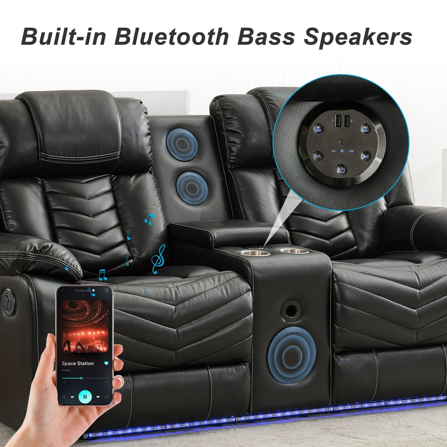 Power Recliner Sofa Sets with Bass Speaker,Wireless Charger,LED Light Manual Reclining Living Room Furniture Sets