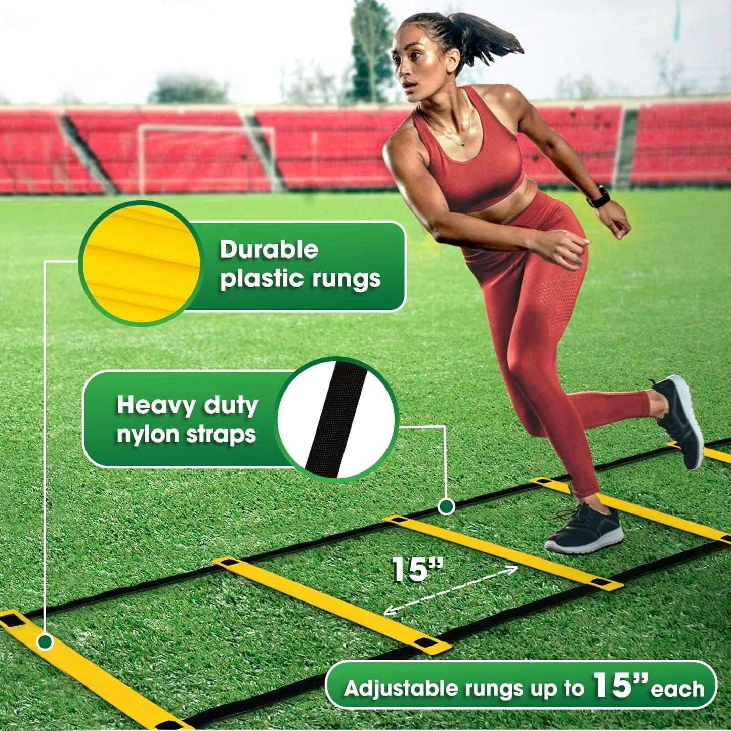 Speed Agility Training Kit-Includes 12 Rung 20ft Adjustable Agility Ladder with Carrying Bag, 12 Disc Cones, 4 Steel Stakes, 1 Resistance Parachute,Footwork Skills Drill Gear for Football and Soccer