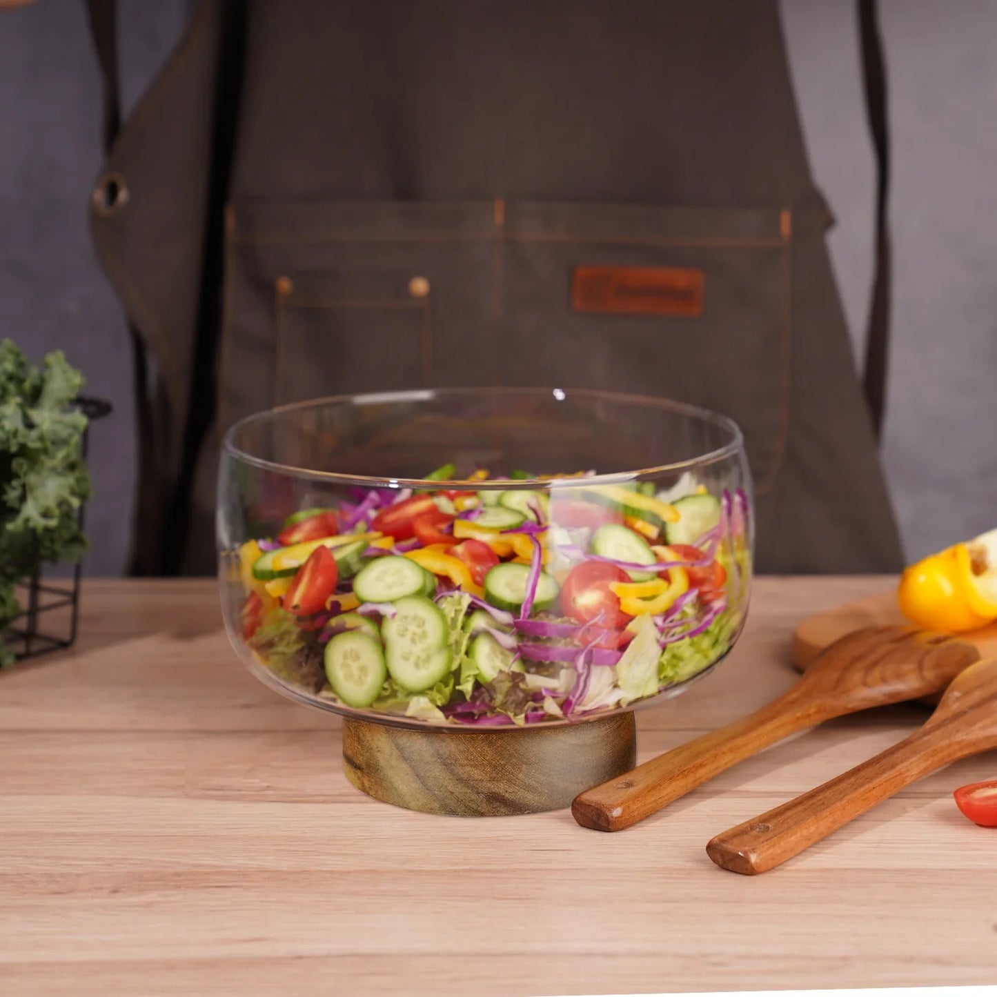 NiHome 123oz Large Glass Trifle Bowl with Elegant Acacia Wood Stand, Versatile Serving Dish for Cakes, Salads, Desserts, Stylish Display for Parties, Weddings, Special Occasions, Durable