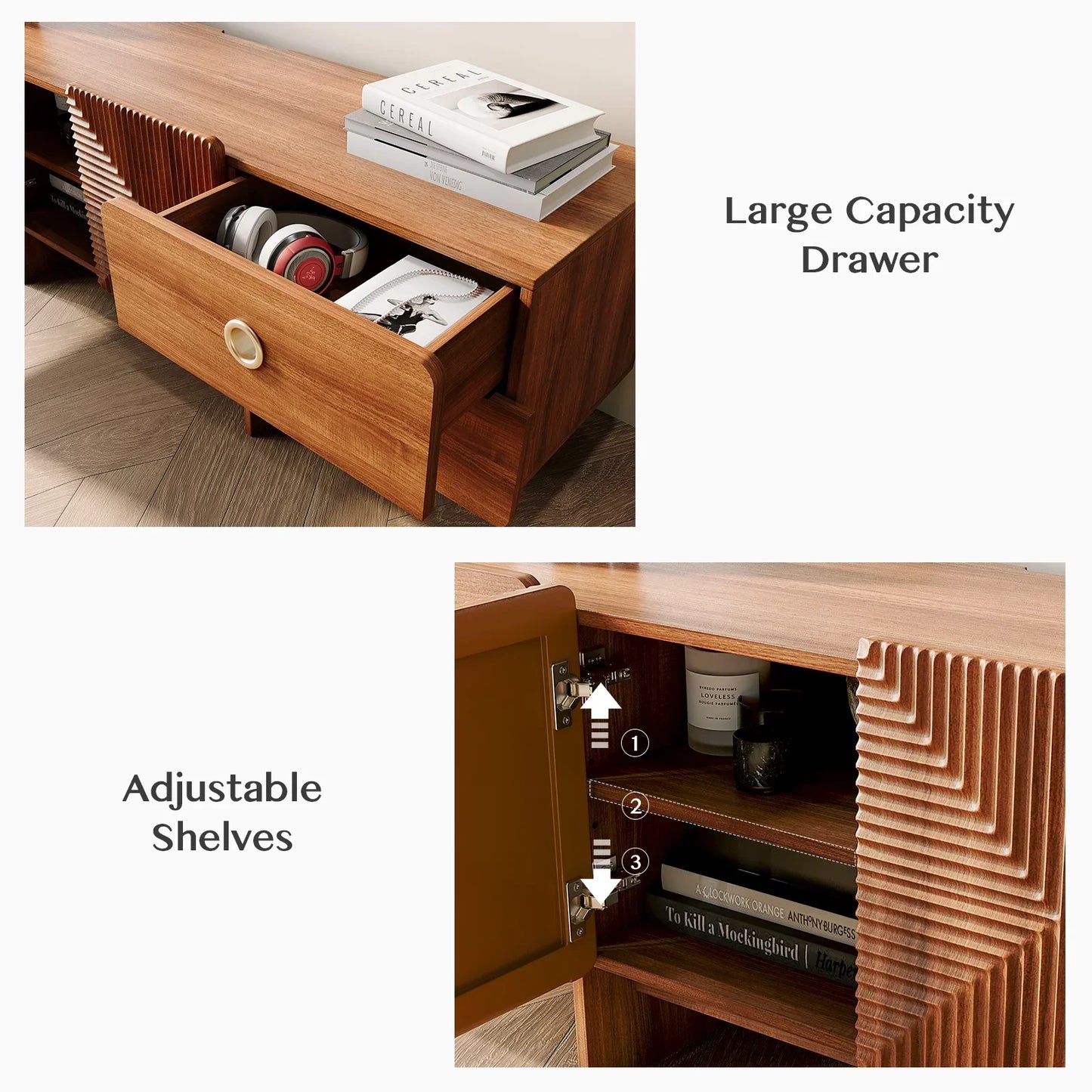 JOINICE Mid Century Modern Boho Media TV Stand, with 4 Drawers, for Living Room,Bedroom