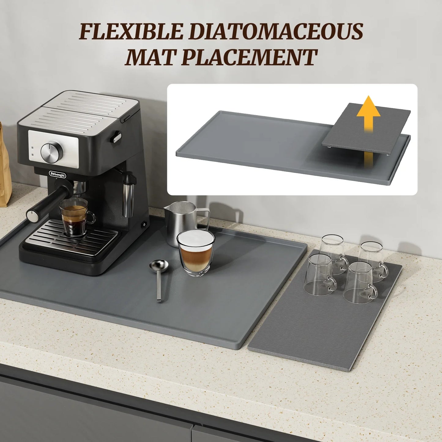 NiHome Silicone Coffee Bar Mat with Diatomaceous Earth Pad for Quick Drying, Non-Slip Spill-Proof Mat for Coffee Machines and Kitchen Countertops, Keeps Countertops Dry and Organized (Light Gray)