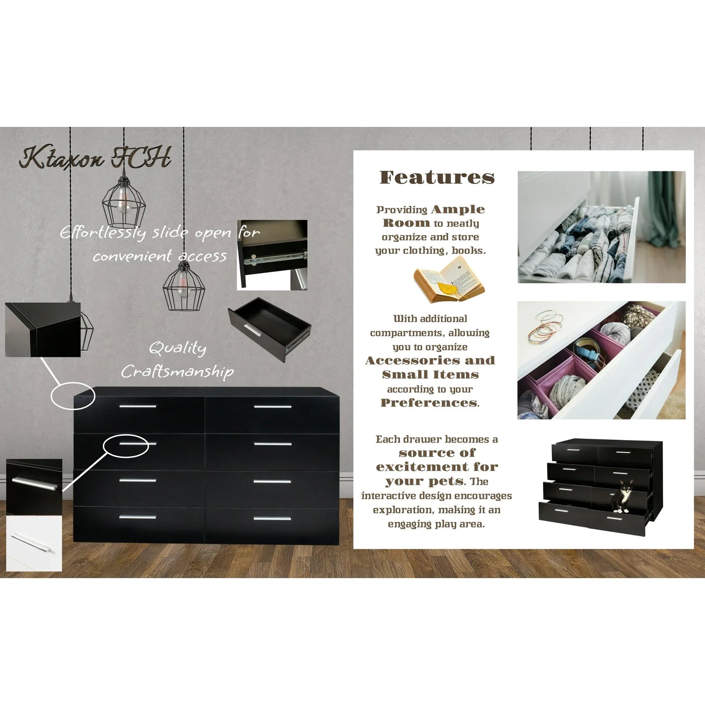 Ktaxon Bedroom Dresser with 6 Drawers, Wooden Double Dresser for Entryway, Wide Storage Cabinet for Living Room, Black