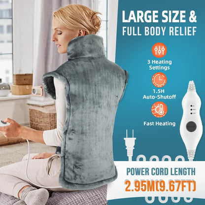 Extra Large Full Back Shoulders and Neck Heating Pad 40"x24", Fast Heating Wrap with Auto Shut off for Back, Neck and Shoulder, Abdomen, Electric Heating Pad for Pain Relief, Easy to Clean(Gray)