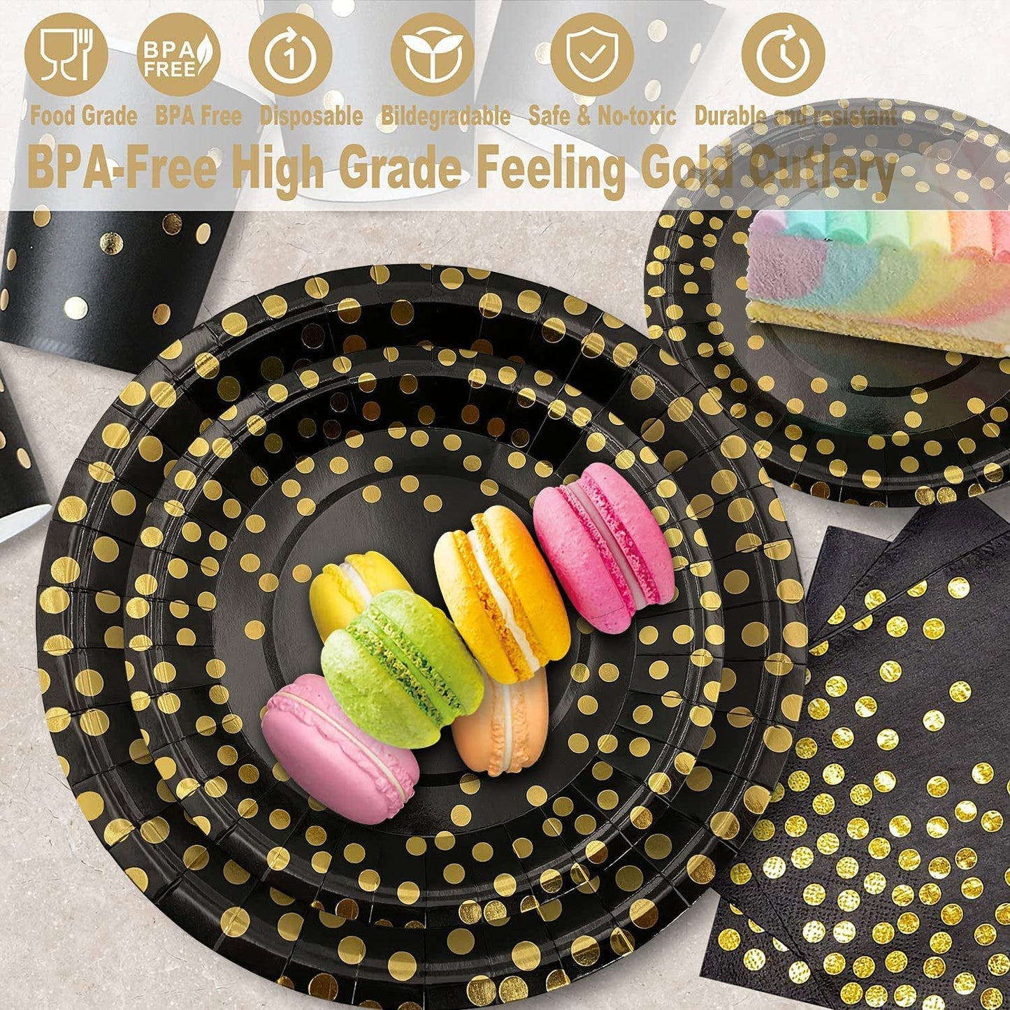 201Pcs Black and Gold Party Supplies, Dots Dinnerware Set for 25 Guests, Paper Plates Napkins Straws Plastic Tablecloth Forks Knives Spoons for Birthday Wedding Christmas Cocktail Party Baby Shower