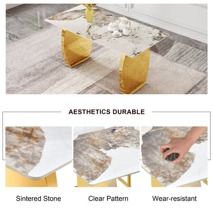 Sumdeal 63" Modern Sintered Stone Dining Table with 6 Velvet Dining Chairs,White pattened Table with Golden Leg,6 Beige Chairs