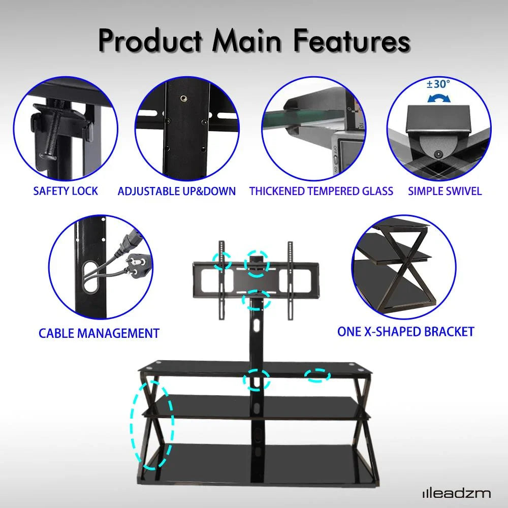 Ktaxon Swivel Floor TV Stand Mount 3 Tier Tempered Glass Shelf for 32 37 40 42 46 47 50 55 60 65"