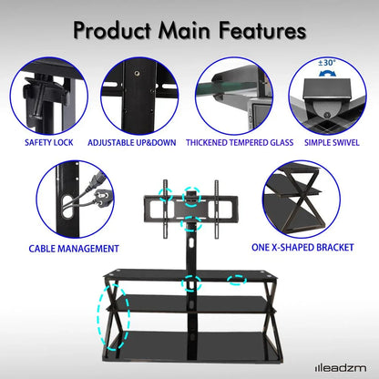 Ktaxon Swivel Floor TV Stand Mount 3 Tier Tempered Glass Shelf for 32 37 40 42 46 47 50 55 60 65"