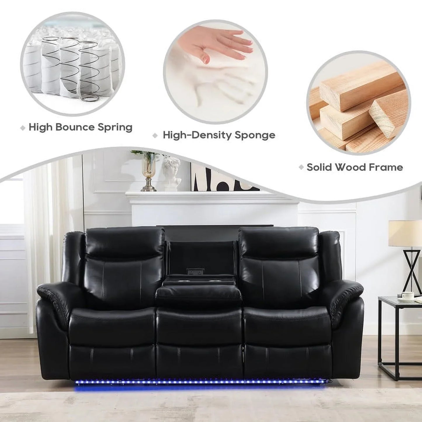 3-Seat Power Recliner Chair Sofa Set for Living Room,Black Faux Leather Electric Home Theater Seating Reclining Sofa Couch with Flipped Middle Backrest,LED Light,USB Port,Cup Holder,Wireless Charger