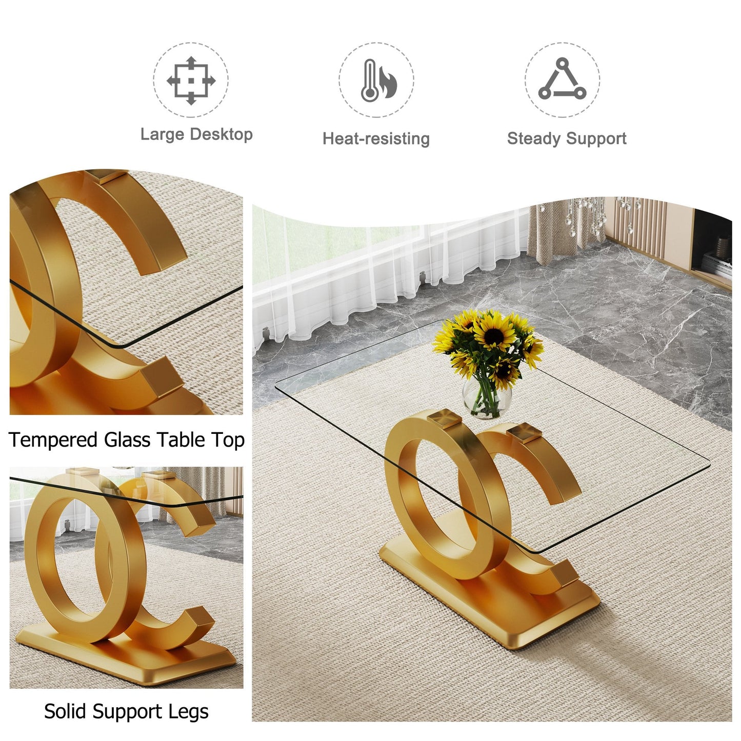 63" Modern Glass Dining Table Set with 6 White Pu Leather Chairs, 7 pieces of Dining room Set for Kitchen Dining Room Living Room Office