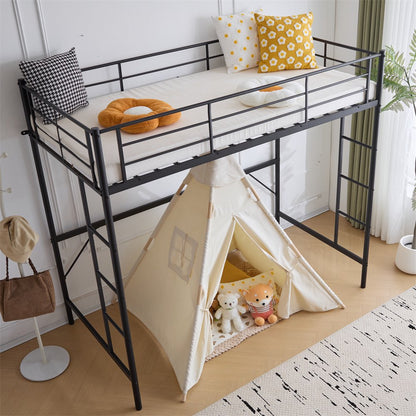 Ktaxon Metal Twin Size Loft Bed Frame with Stairs & Full-Length Guardrail, Black (Desk not included)