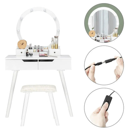 Ktaxon Vanity Set with Round Lighted Mirror, Makeup Dressing Table with 8 Light Bulbs & Cushioned Stool Set,Bedroom Vanities Set White
