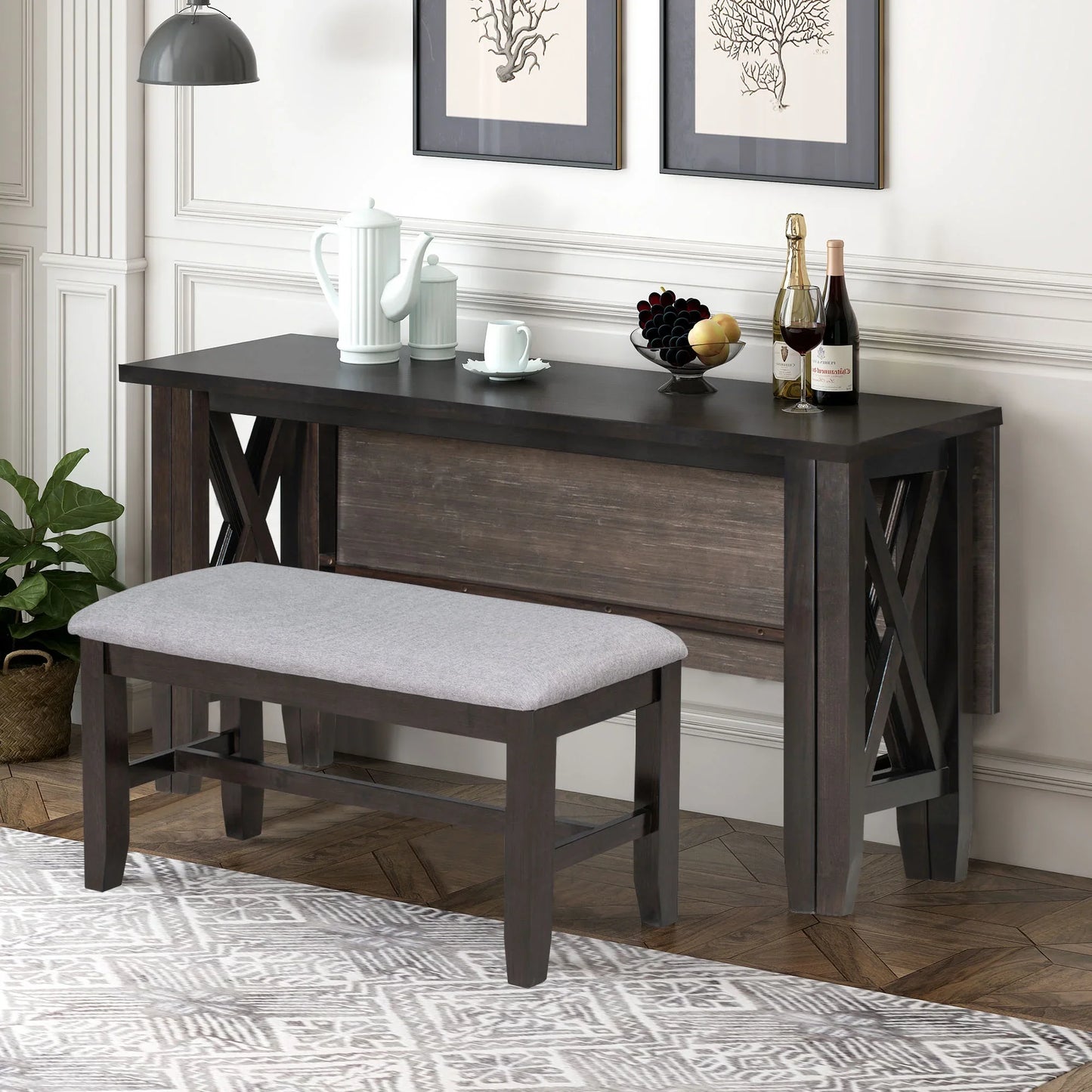 Churanty Farmhouse Dining Table Set for 6, Kitchen Foldable Dining Table with 4 Upholstered Chairs and Bench, Espresso