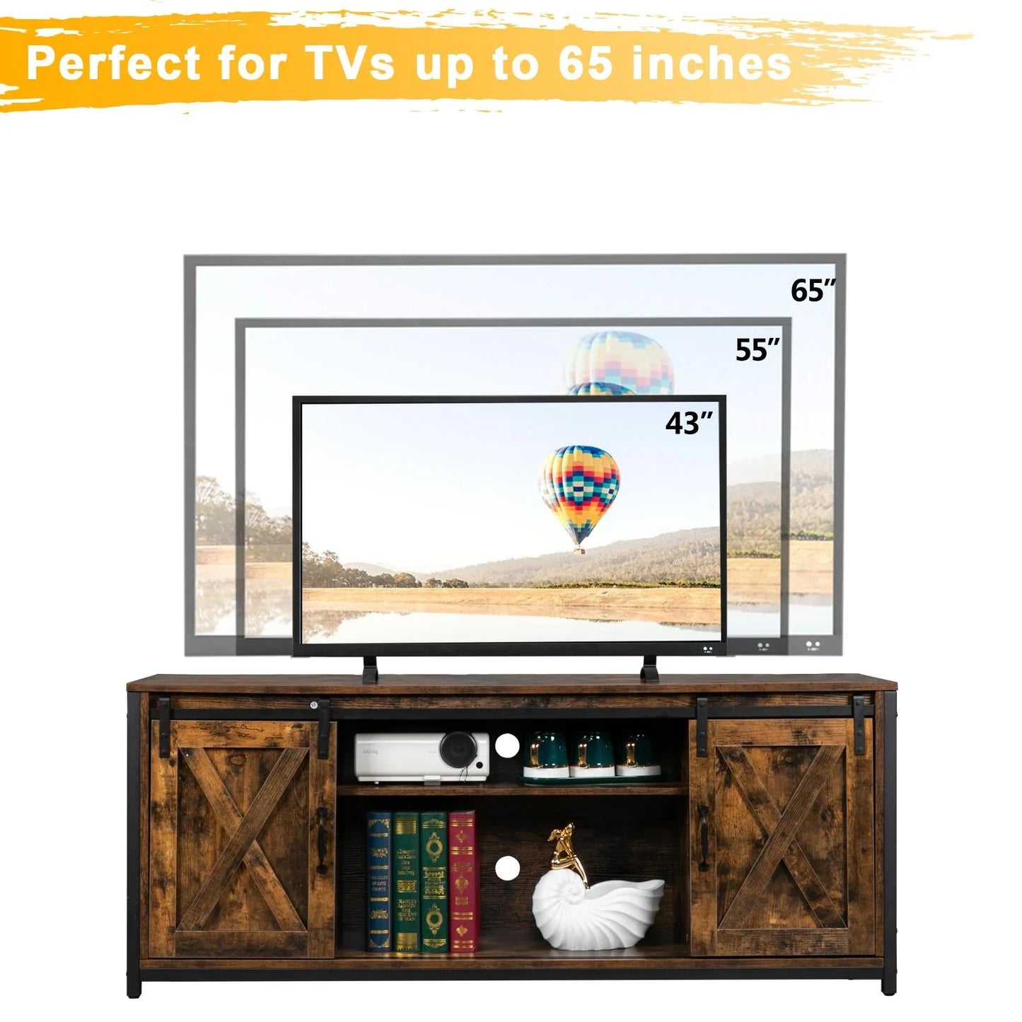 Ktaxon Farmhouse TV Stand for 65'' TVs, Rustic Natural Brown Entertainment Center, Barn Doors TV Cabinet with Storage Cubes Furniture
