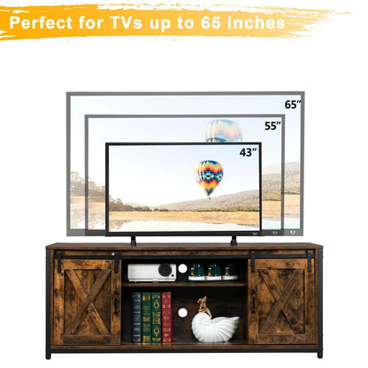 Ktaxon Farmhouse TV Stand for 65'' TVs, Rustic Natural Brown Entertainment Center, Barn Doors TV Cabinet with Storage Cubes Furniture