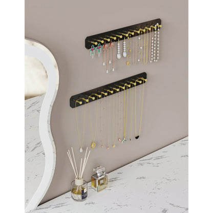 NiHome Hanging Jewelry Organizers, Wall Mounted Acrylic Jewelry Holder Earring Necklace Organizer with 24 Gold Round Hooks, Hanging Necklace Holder Stand also for Bracelet, Key - Black, 2PK