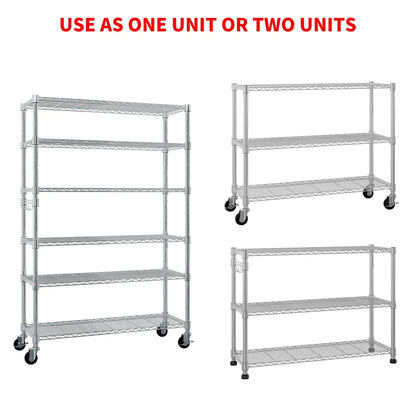 Ktaxon 6 Tier Wire Shelving with Wheels, 46"D x 18"W x 82"H Multifunctional Storage Rack Metal Garage Shelves Organizer, Capacity for 900lbs, Silver