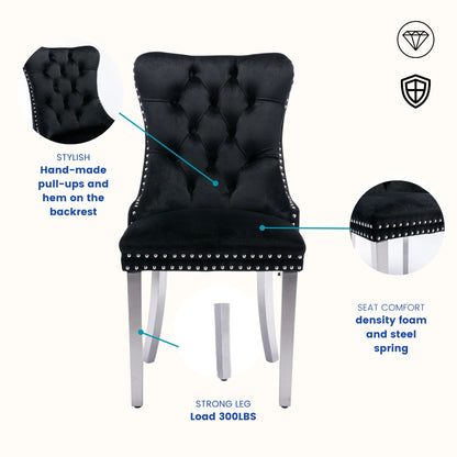 Sumdeal Velvet Dining Chairs Set of 4, Tall Back Side Chair, Modern Upholstered High-end Tufted Side Chair with Button Back Ring,Black with Silver Leg