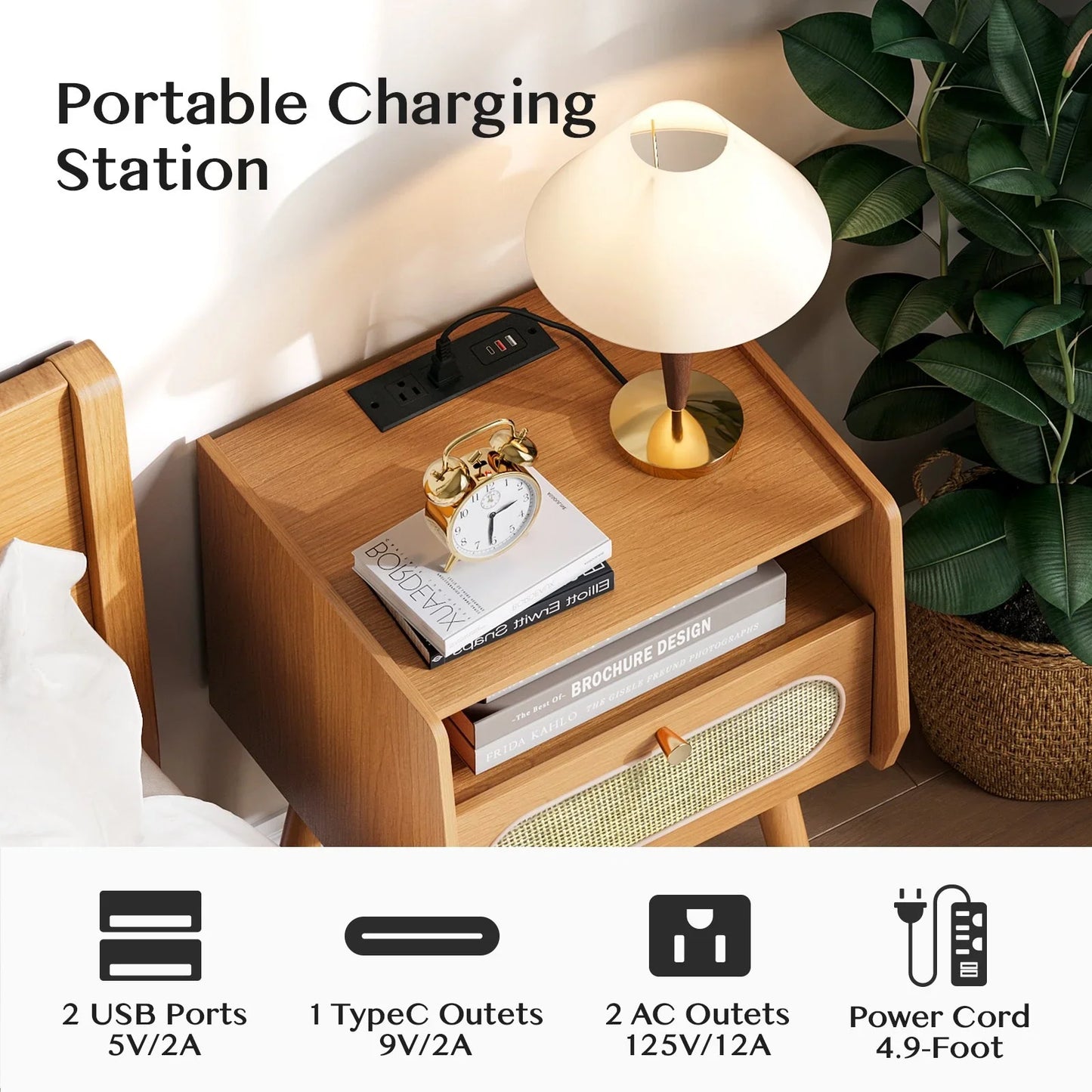 JOINICE Rattan Nightstands Set of 2, Beside Table with Charging Station,for Bedroom,Cherry