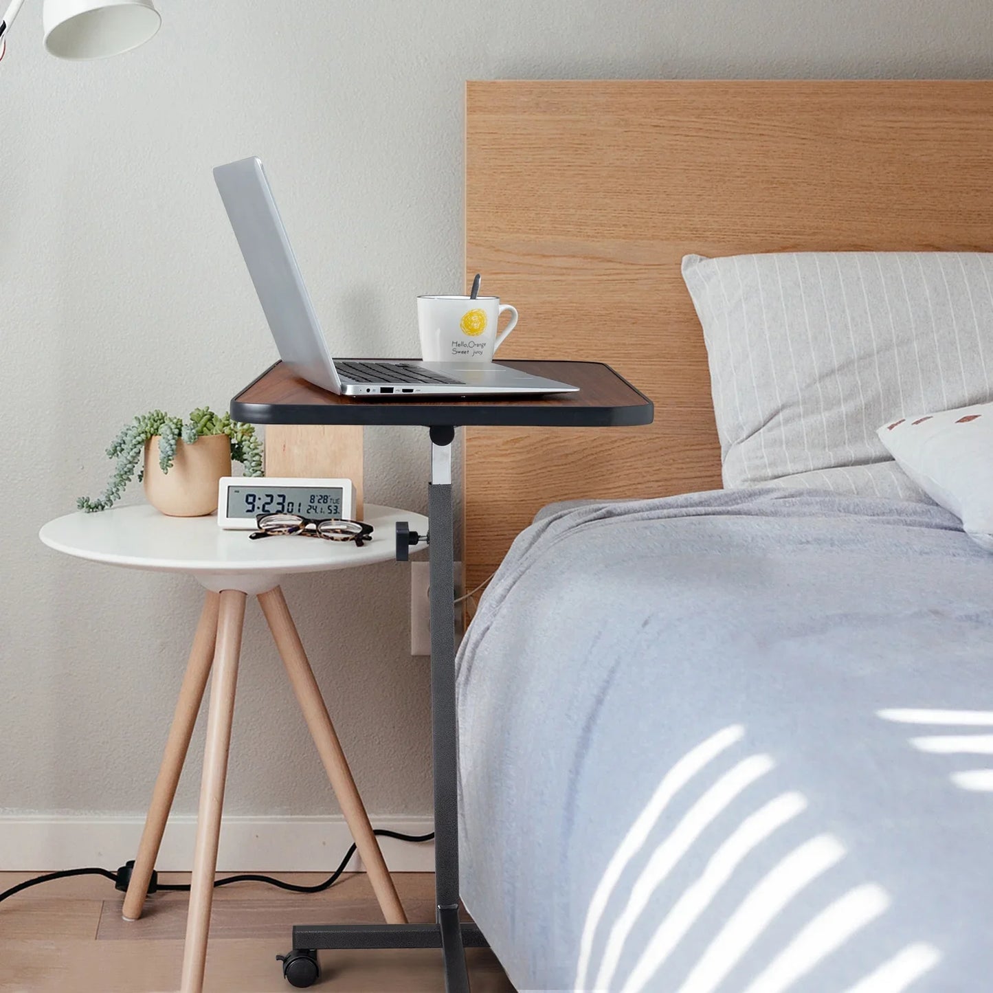 Ktaxon Adjustable Overbed Bedside Table with Wheels, Wood Grain (Hospital and Home Use)