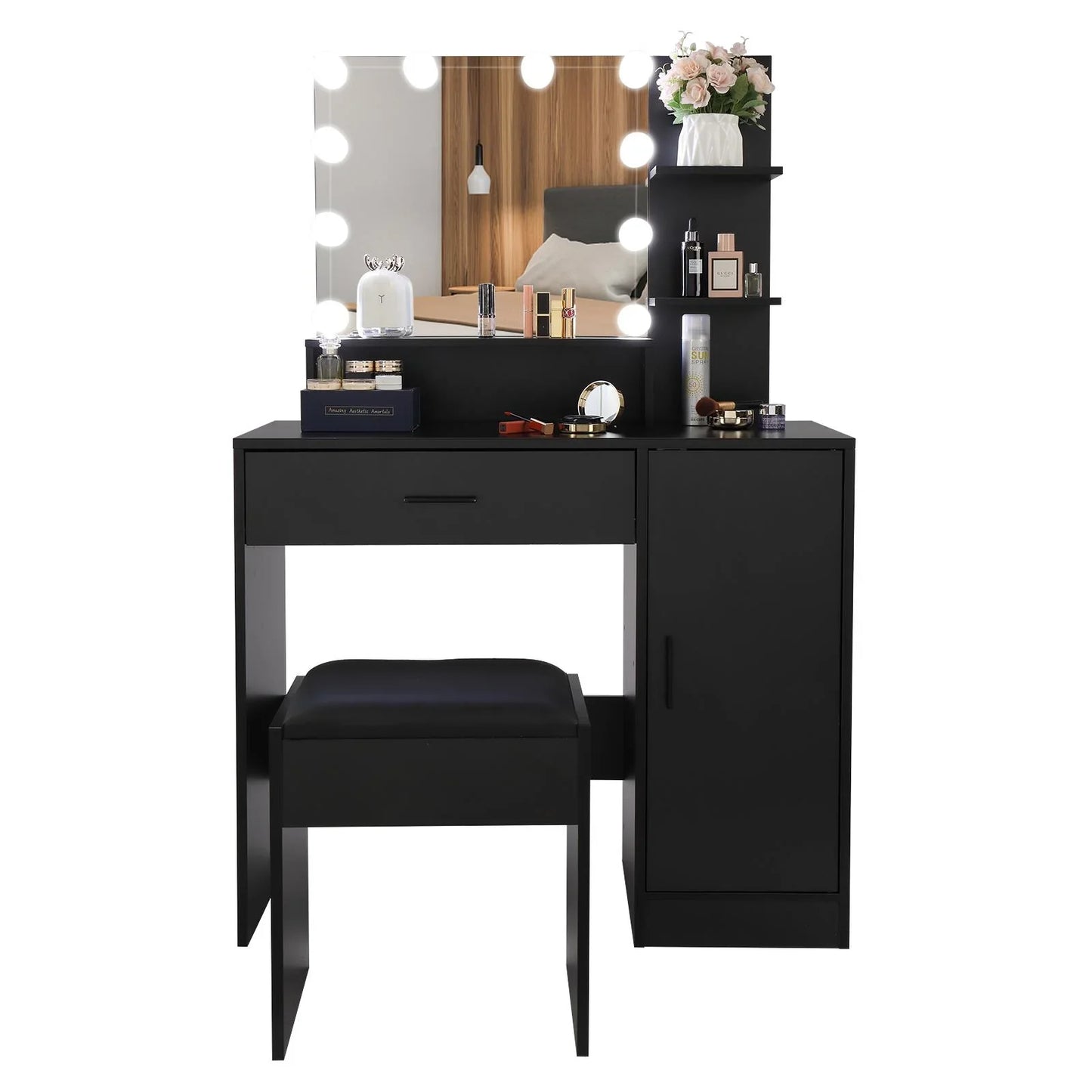 Ktaxon Vanity Table Set with Lighting, Makeup Table with Lighted Mirror Storage Drawers, Dressing Vanity Tables, Dresser Desk for Girls, Women, Black
