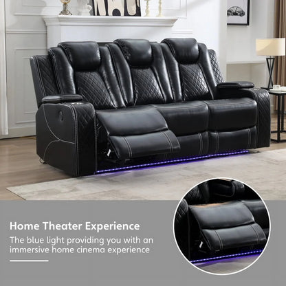 3-Seat Power Recliner Chair Sofa Set for Living Room,Black Faux Leather Electric Home Theater Seating Reclining Sofa Couch with Flipped Middle Backrest,LED Light,USB Port,Cup Holder,Hidden Arm Storage