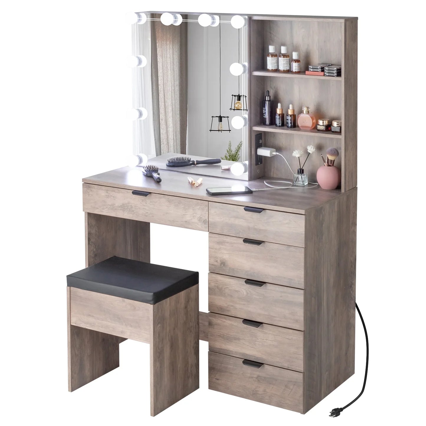 Ktaxon Vanity Set with 3 Color Lighted Mirror & Charging Station, Makeup Table with 6 Drawers, Dressing Table Makeup Desk with Stool,Retro Gray