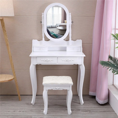 Ktaxon Vanity Jewelry Wooden Makeup Dressing Table Set W/Stool Mirror Cabinet &4 Drawer