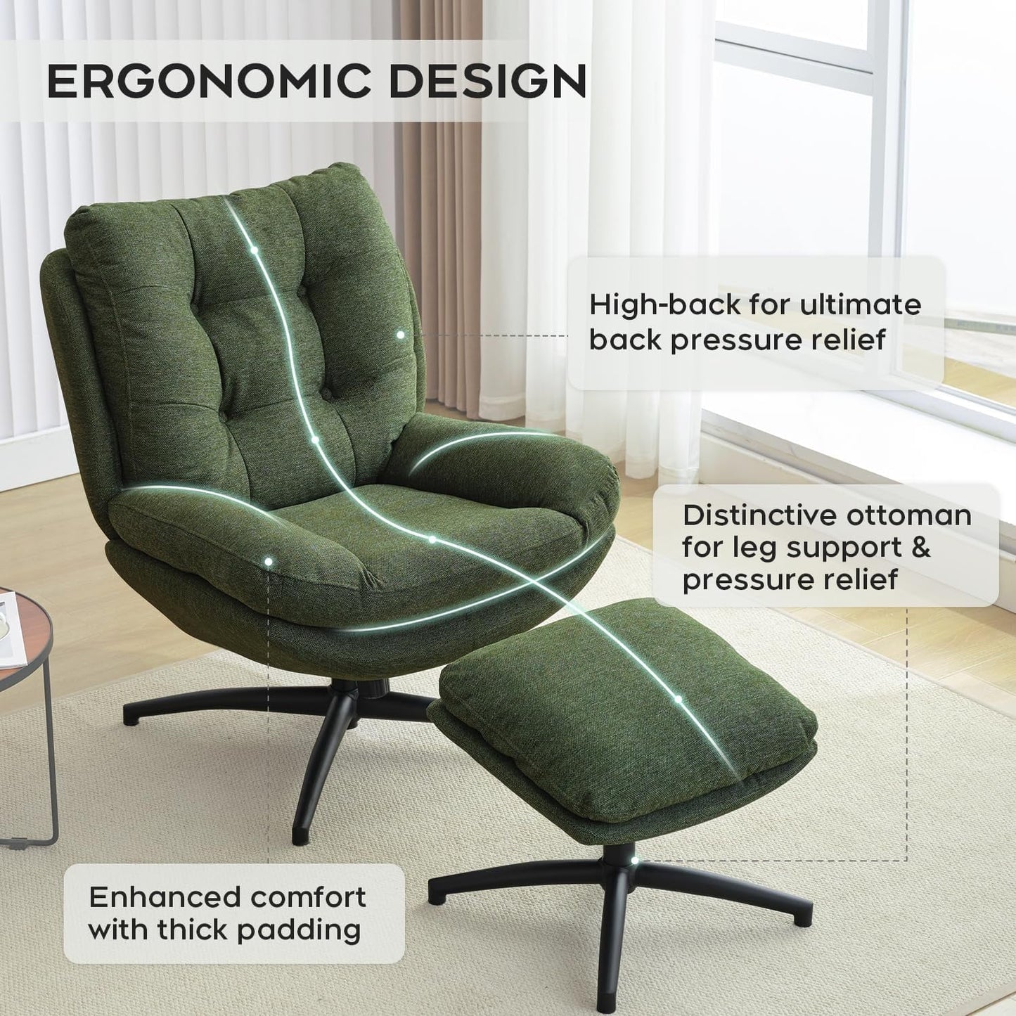 Swivel Accent Chair with Ottoman for Living Room Bedroom Reading Room, Cozy Lounge Armchair Fluffy Round Tufted Back Adult Gifts for Small Room Lazy Relax Read TV Chair,Gray