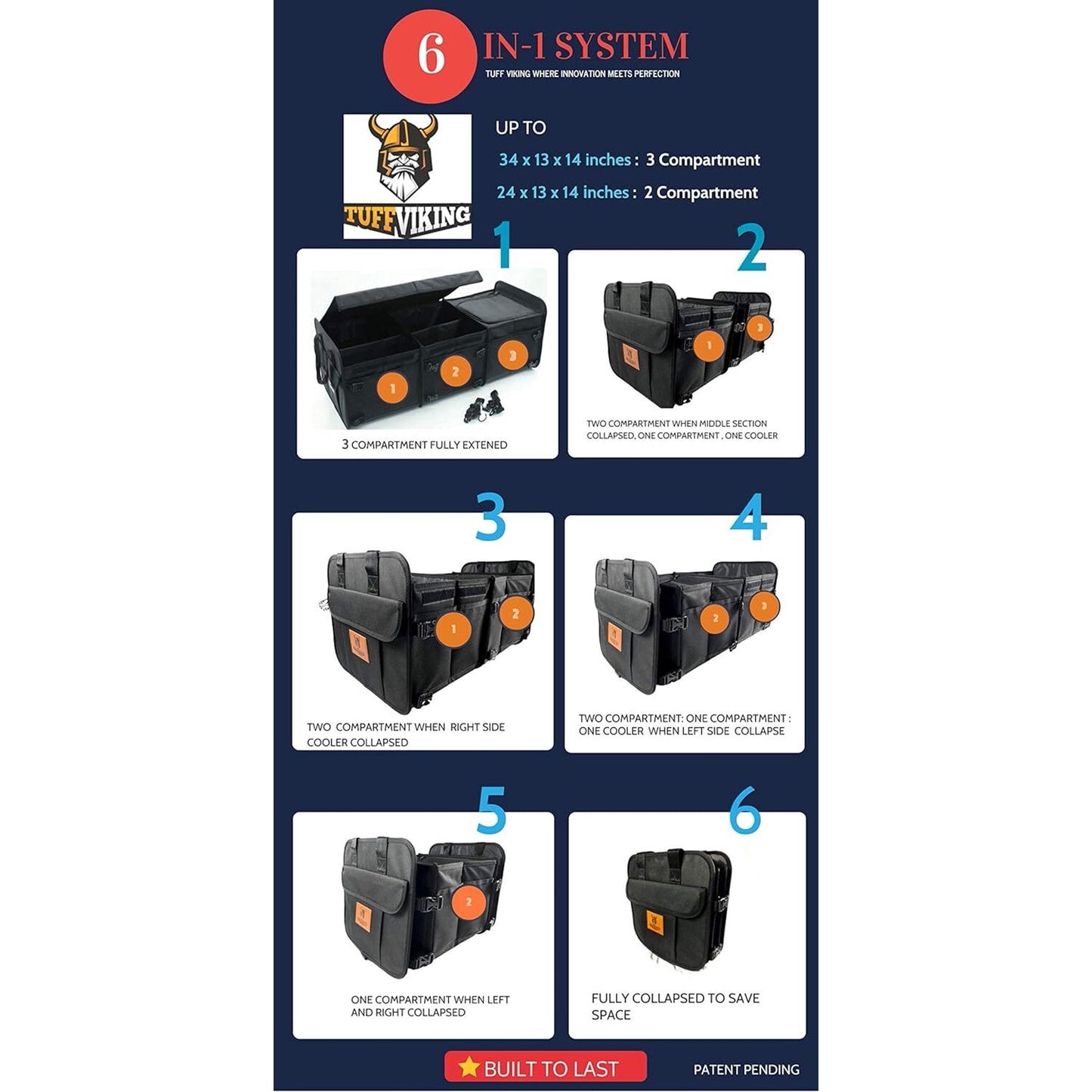 Convertible Large 3 Compartment SUV Trunk Organizer with Cover | Truck Bed Organizer | for Trucks, Cars, SUVs and Groceries with Tie Down Straps. (6 in 1 with Cover, Black)