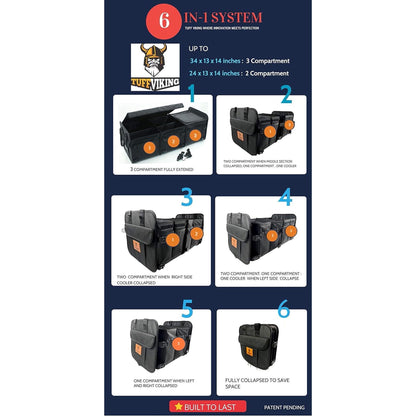 Convertible Large 3 Compartment SUV Trunk Organizer with Cover | Truck Bed Organizer | for Trucks, Cars, SUVs and Groceries with Tie Down Straps. (6 in 1 with Cover, Black)