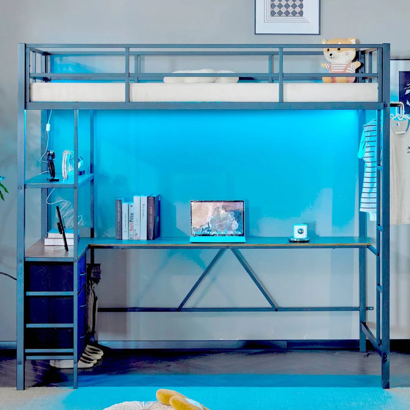 Zimtown Twin Loft Bed Frame with L Shaped Desk, Metal Bed w/ LED Light and Charging Station, Black