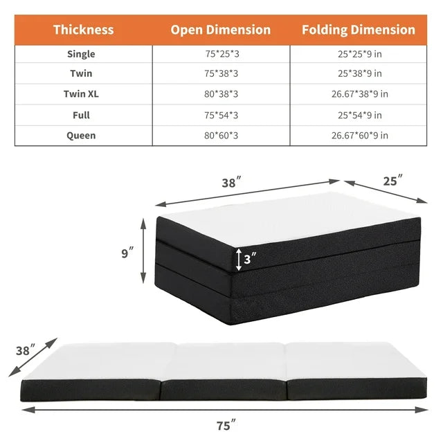 3 Inch Tri-fold Memory Foam Mattress, Portable Foldable Floor Bed£¬Portable Floor Mattress for Guest/Travel/Camping/Yoga - Twin Size