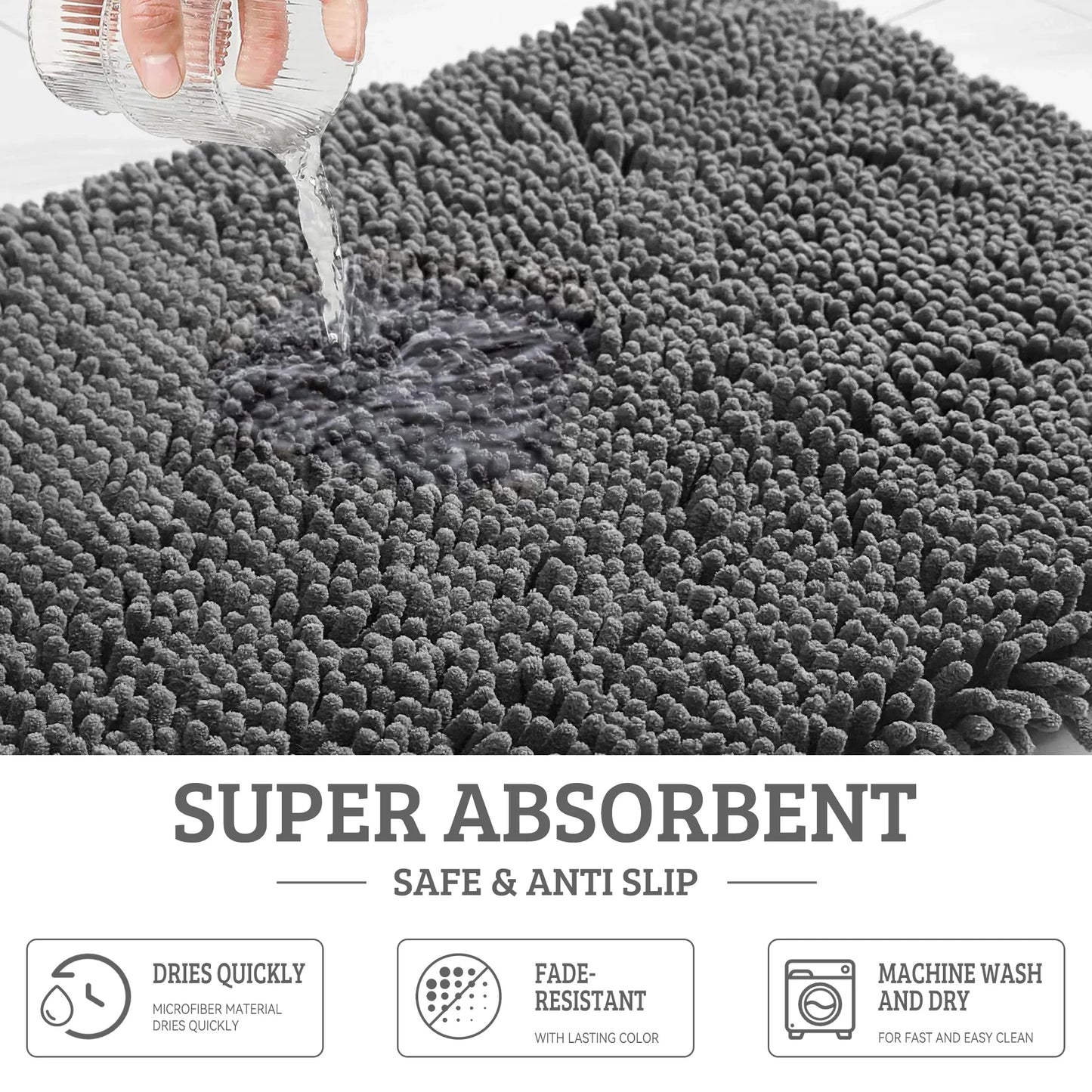 GTNSHUAI Extra Thick Luxury Chenille Bathroom Rug, Non-Slip Absorbent Bath Mat, 16 x 24, Dark Gray