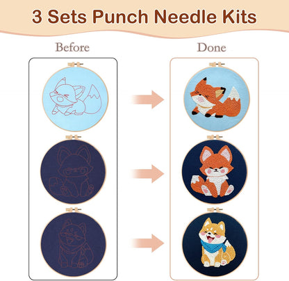 3 Pack Punch Needle Embroidery Kit for Beginners, Rug Hooking Starter Kit with Fox and Dog Pattern Stamped Cloth 3 Embroidery Hoops Woolen and Punch Needle, DIY Handicraft Crafts Kit