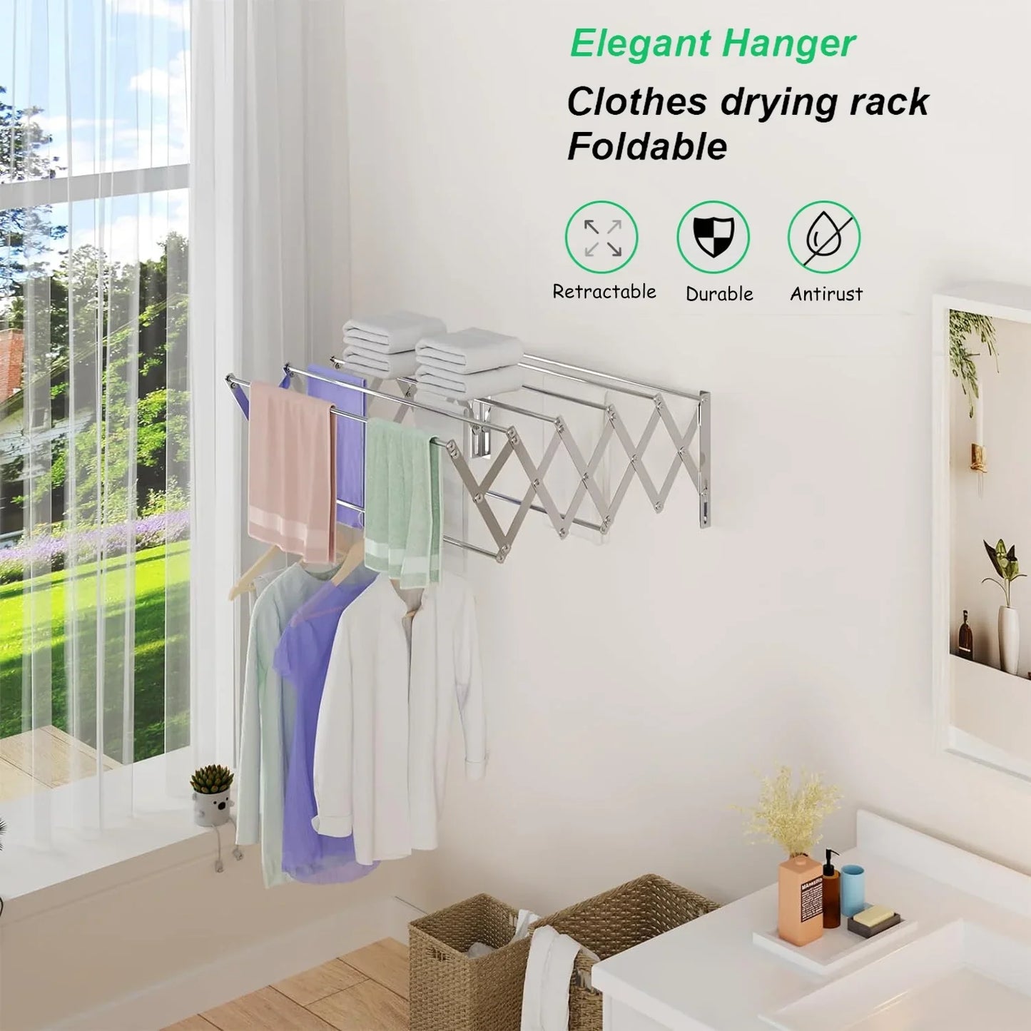 Katinyos Expandable Retractable Clothes Drying Rack, 7 Bar Space-Saving Aluminum Alloys Laundry Drying Rack, Towel Rack Wall Mounted for Laundry, Utility Room, Bathroom