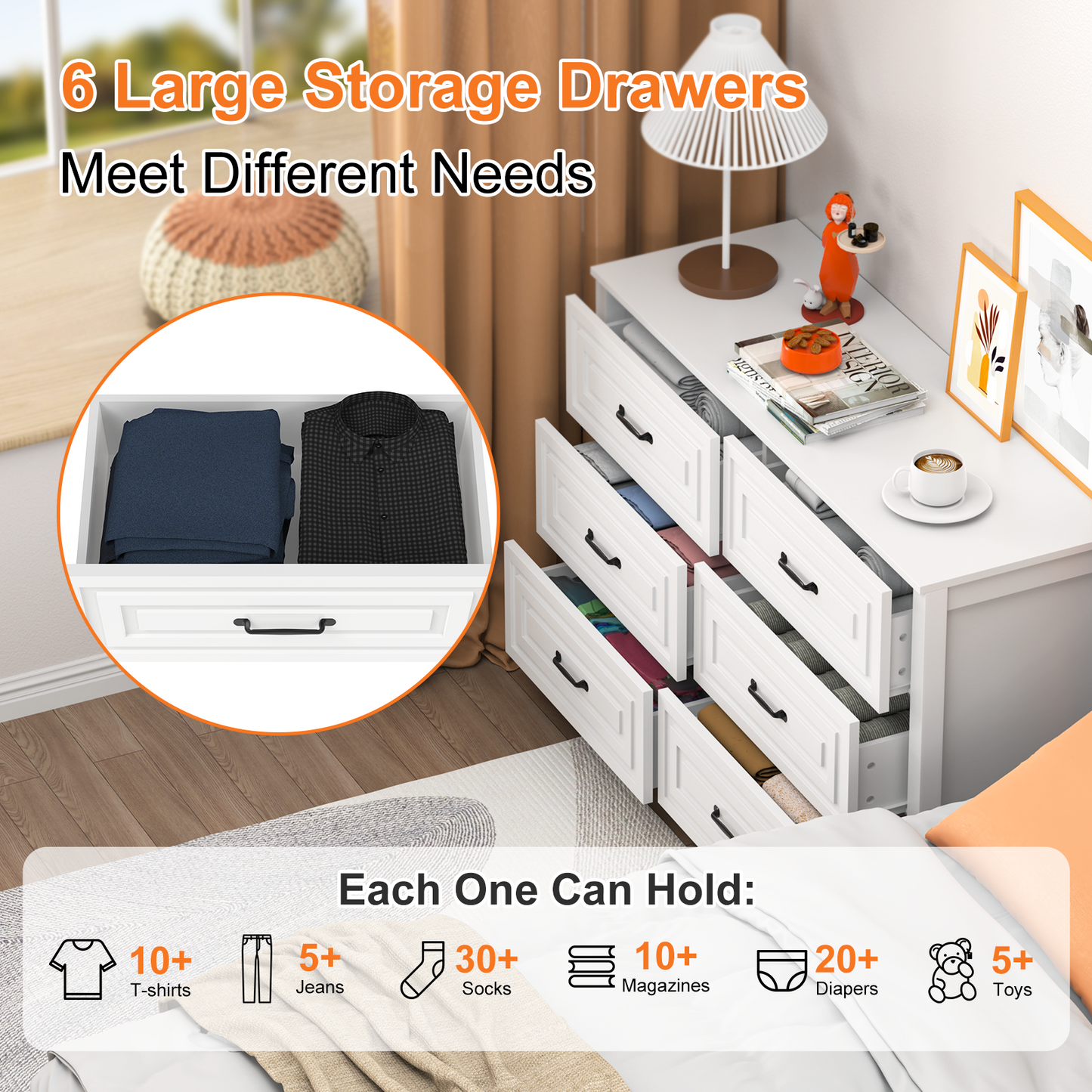 White Dresser for Bedroom with 6 Drawers,Modern Chest of Drawers Wide Wooden Double Dresser for Closet Living Room Entryway