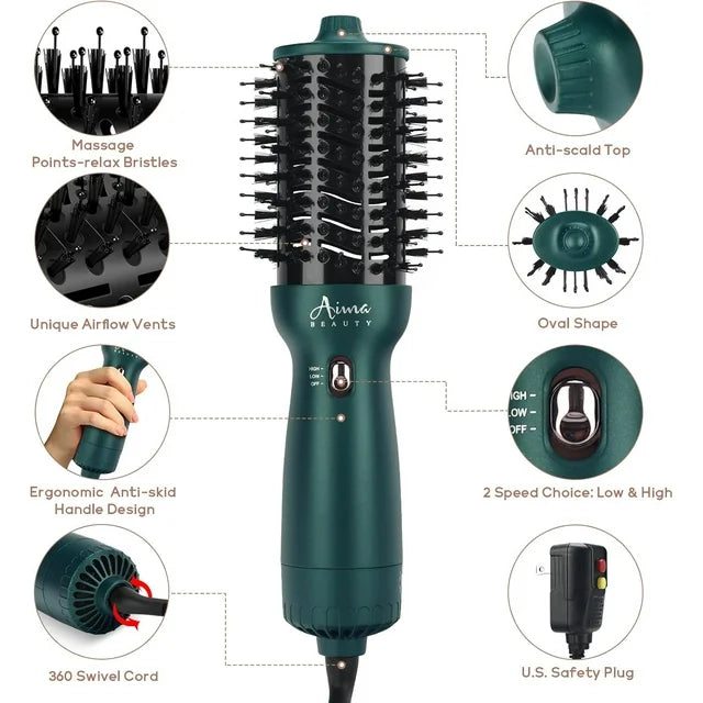 Aima Beauty Hair Dryer Brush Dual Voltage Worldwide Travel Blow Dryer Brush Hot Air Brush with Oval Barrel 360¡ãAirflow for Smooth,Negative Ionic Frizz-Free Drying/Straightening/Voluming, Dark Green