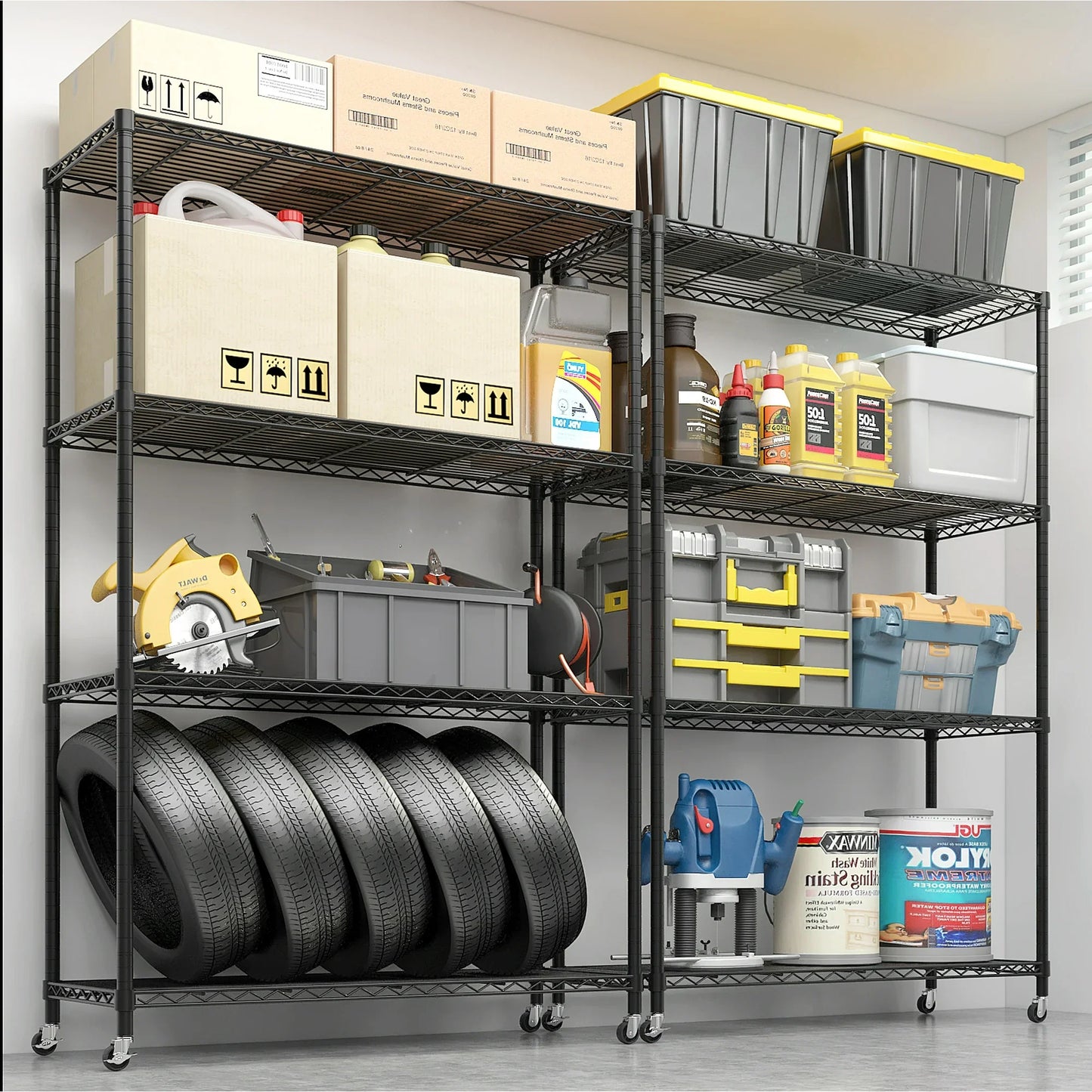 Ktaxon 4 Tier Wire Shelving with Wheels, 46"W x 17.7"D x 65"H Multifunctional Storage Rack Metal Garage Shelves Organizer, Capacity for 800lbs, Black