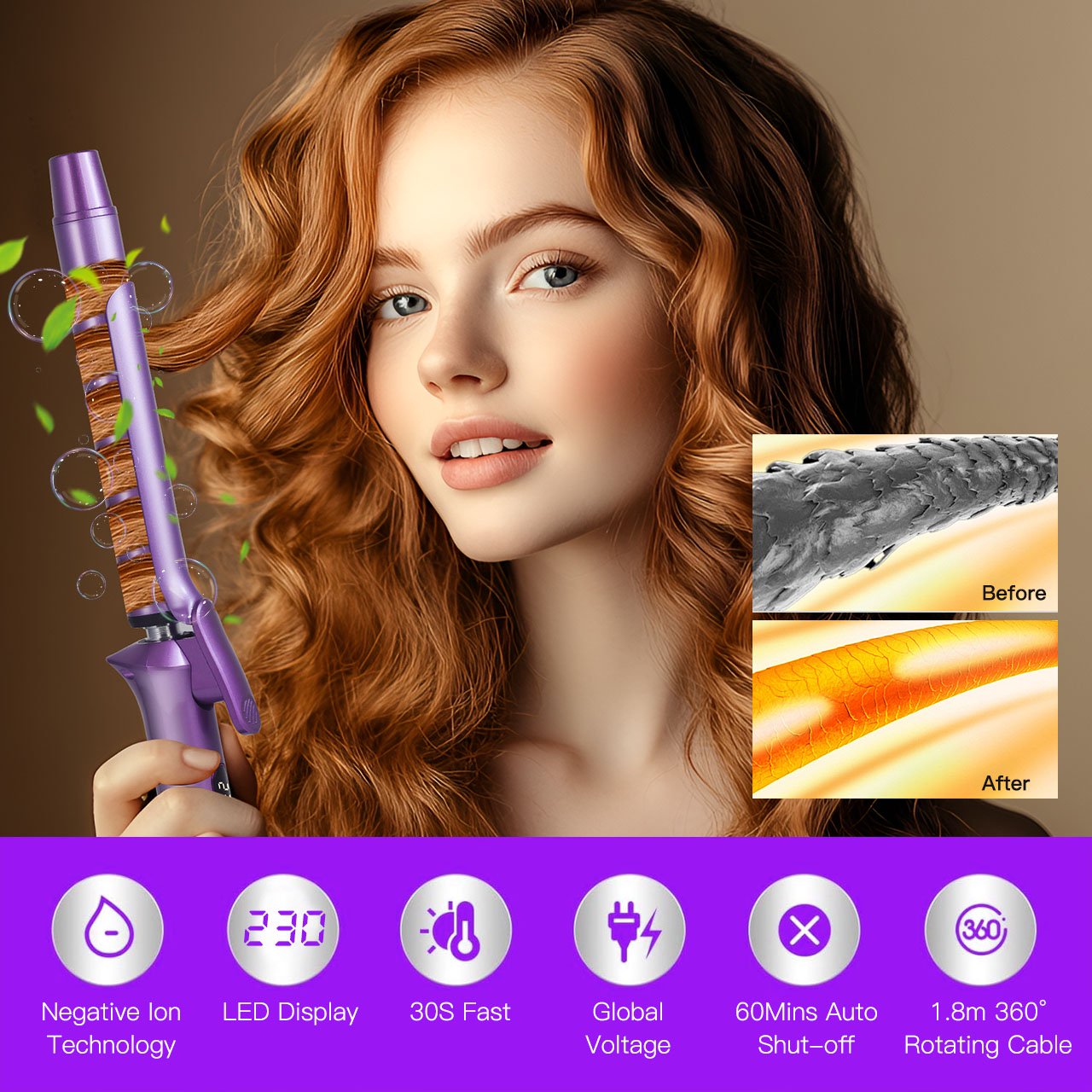 Iris Hatteker 0.98 inch Curling lron Professional Ceramic Coating Barrel Curling Wand, LCD Displaywith14 Heat Setting£¬ All Hair Types