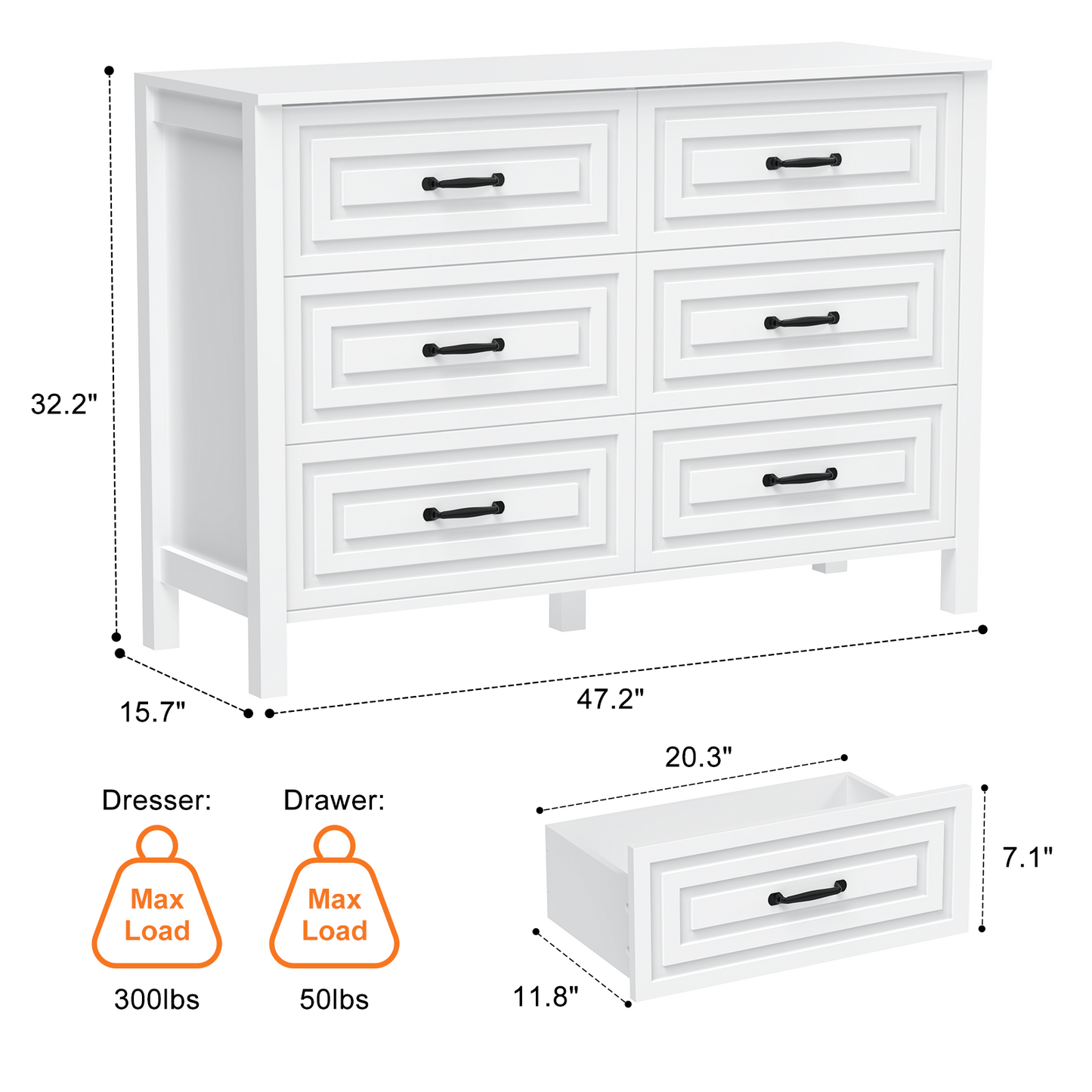 White Dresser for Bedroom with 6 Drawers,Modern Chest of Drawers Wide Wooden Double Dresser for Closet Living Room Entryway
