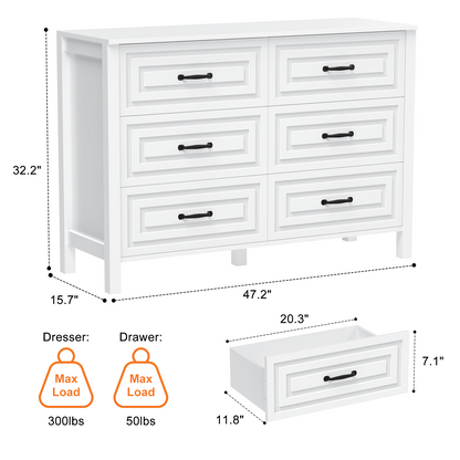 White Dresser for Bedroom with 6 Drawers,Modern Chest of Drawers Wide Wooden Double Dresser for Closet Living Room Entryway