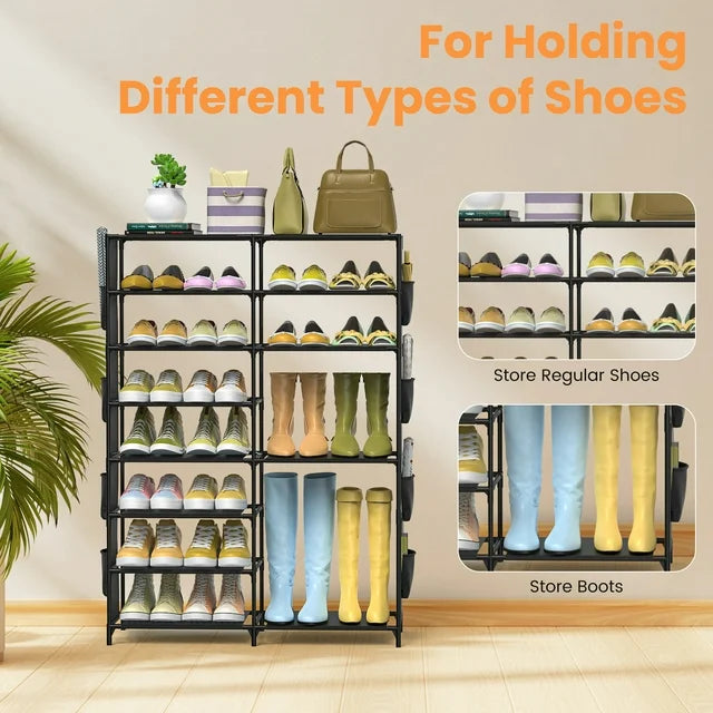 Shoe Rack, 8 Tier Large Shoe Organizer with 2 Side Pockets, Metal 22-26 Pairs Tall Shoe Storage Shelf, Shoe & Boots Cabinet for Closet Entryway Bedroom, Black