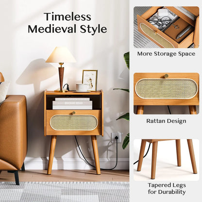 JOINICE Rattan Nightstands Set of 2, Beside Table with Charging Station,for Bedroom,Cherry