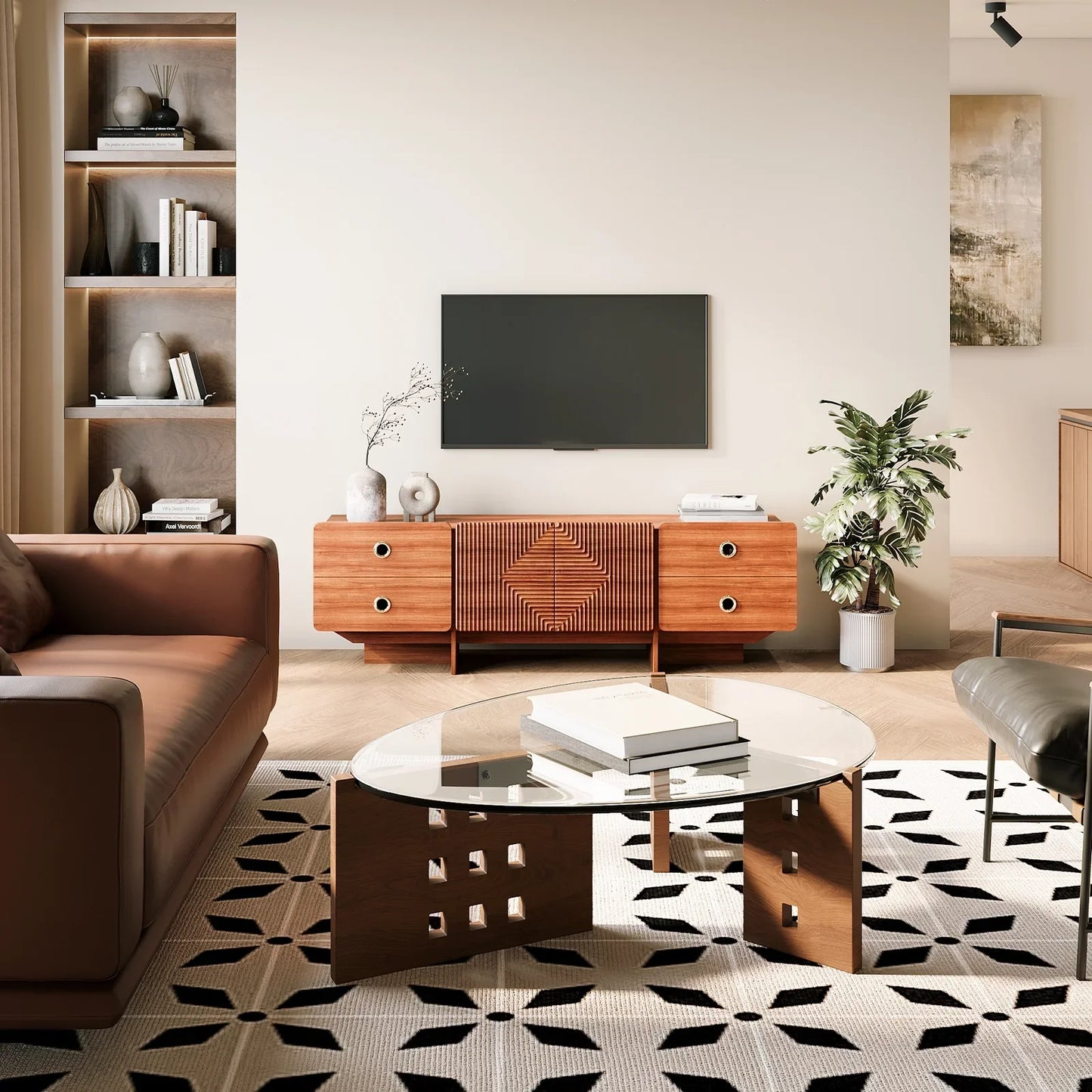 JOINICE Mid Century Modern Boho Media TV Stand, with 4 Drawers, for Living Room,Bedroom