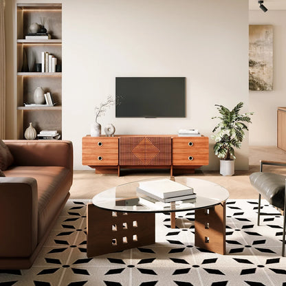 JOINICE Mid Century Modern Boho Media TV Stand, with 4 Drawers, for Living Room,Bedroom