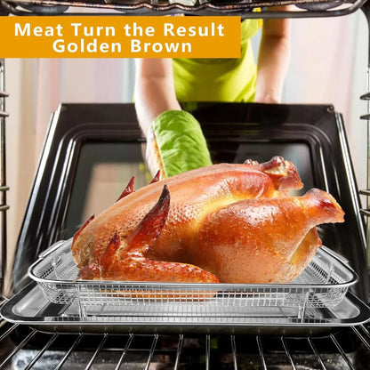 Air Fryer Basket for Oven, 2 Set Stainless Steel Air Fryer Pan and Crisper Tray, Non-stick Oven Air Fryer Basket for Baking and Crispy Foods Chicken, French Fry and Frozen Food (11.8 x 15.7 Inch)