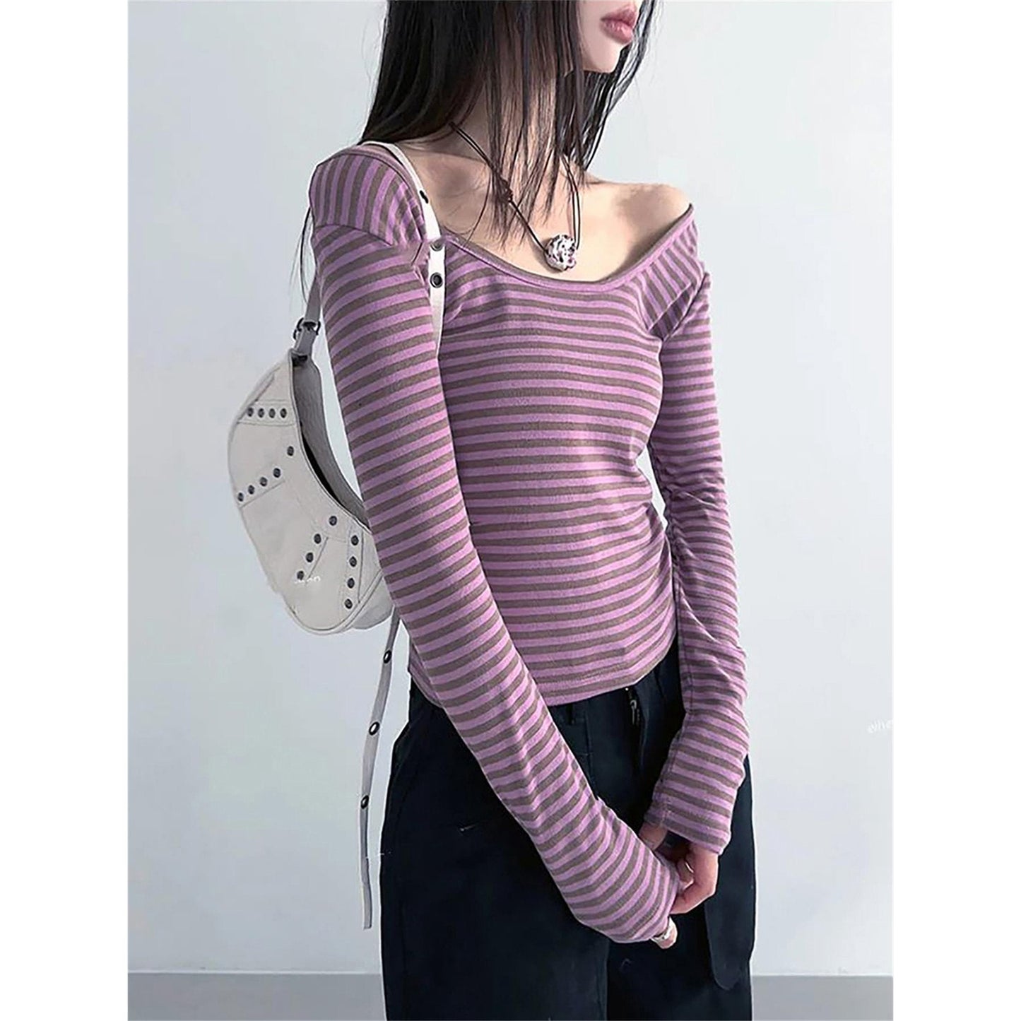 Peyakidsaa Women Long Sleeve T-shirt,Scoop Neck Ladies Fall Striped Casual Tops Streetwear