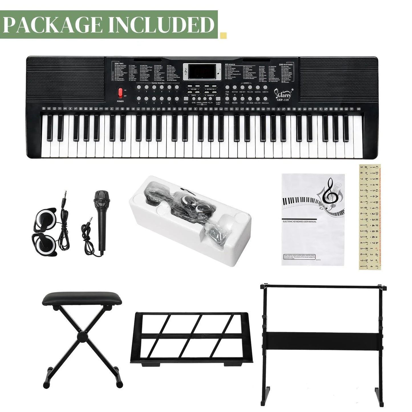 Glarry 61 Keys Keyboard with Piano Stand, Piano Bench, Built In Speakers for Beginners